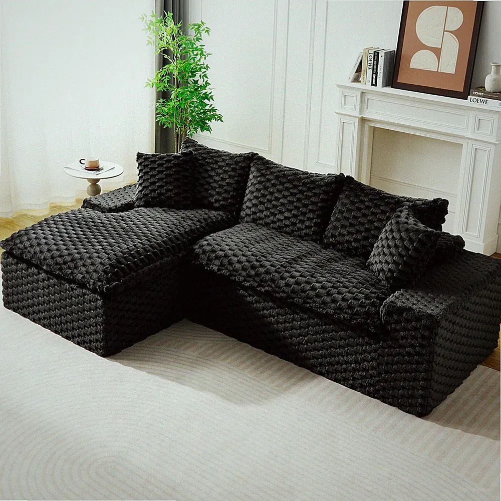 Black Turtle Velvet Versatile Sofa: Convertible Twin-Seat with Left Chaise Loun