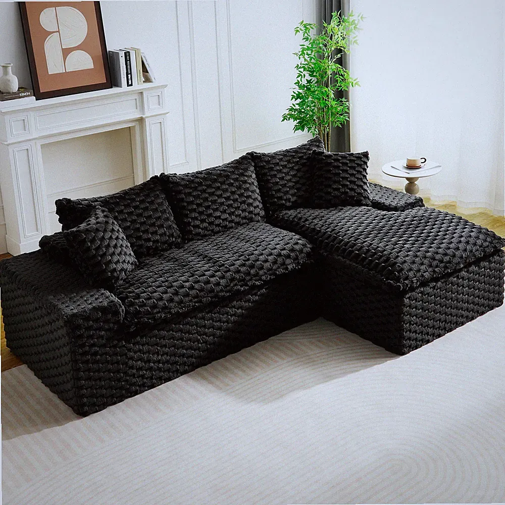 Black Turtle Velvet Versatile Sofa: Convertible Twin-Seat with Right Chaise Lou