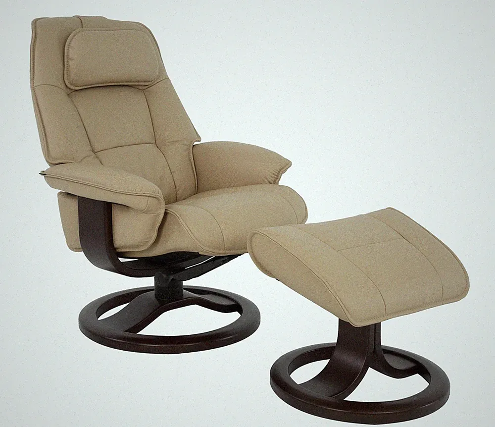 Fjords Admiral Large Recliner Chair and Ottoman Latte Soft Leather Espresso Wood