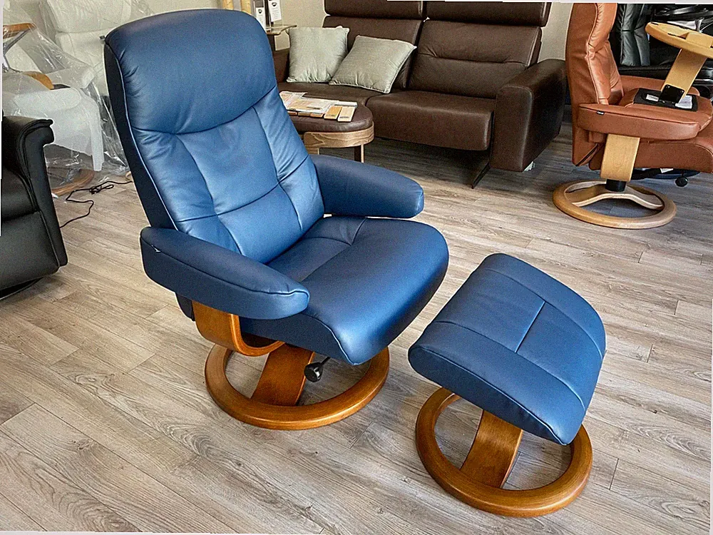 Fjords Muldal Large Recliner Chair and Ottoman Blue Soft Line Leather Teak Wood