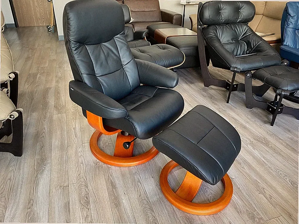 Fjords Muldal Large Recliner Chair + Ottoman - Black Leather - Cherry Wood Stain