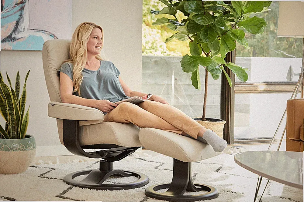 Fjords Muldal Large Recliner Chair + Ottoman - Dove Leather Espresso Wood Stain