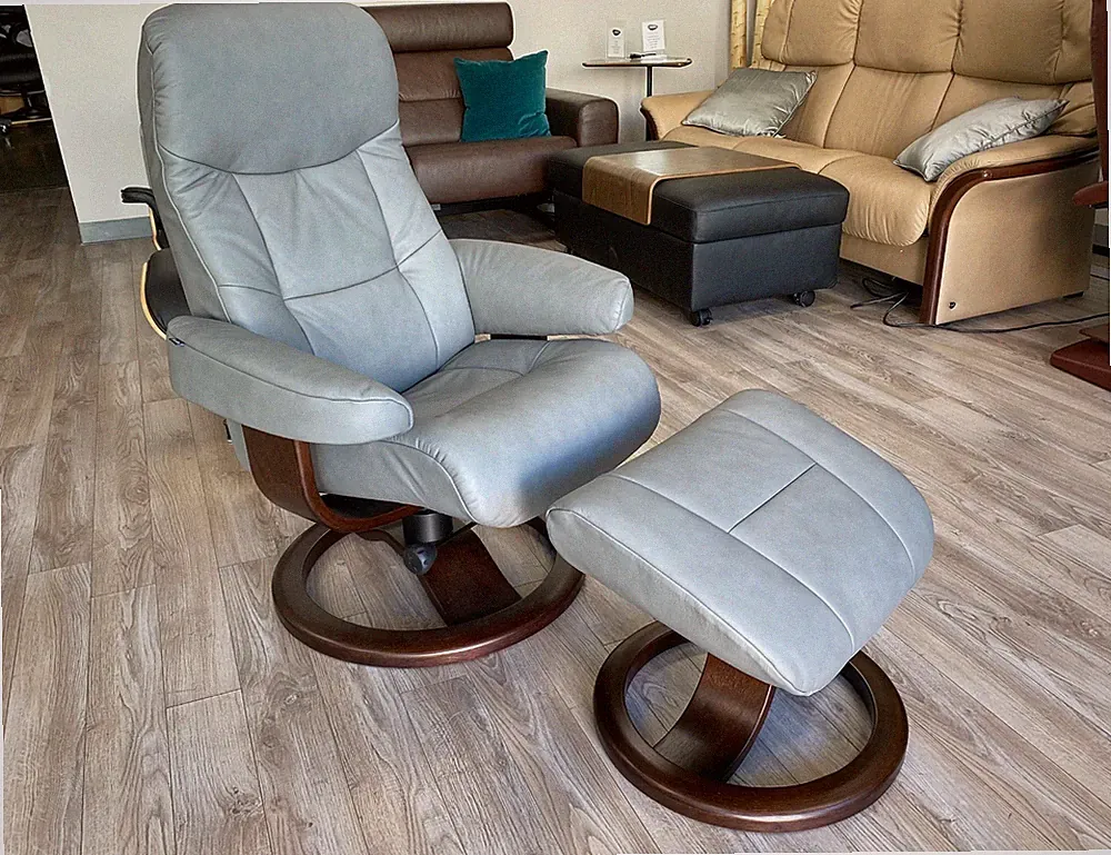 Fjords Muldal Large Recliner Chair + Ottoman - Granite Leather - Chocolate Wood