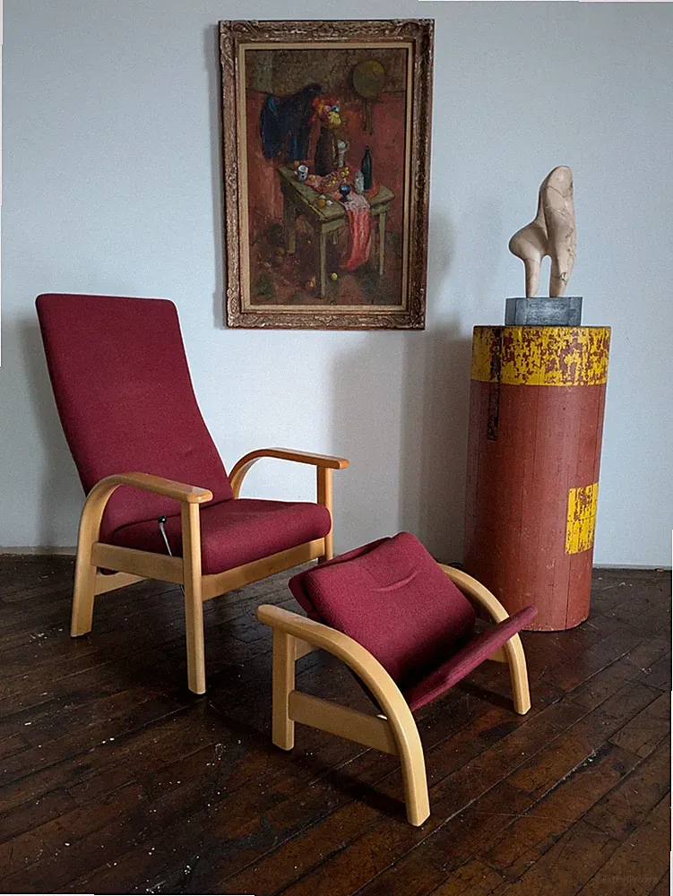 Flemming Hvidt Mobler Scandinavian Beech Danish Recliner Chair Red Wool Ottoman