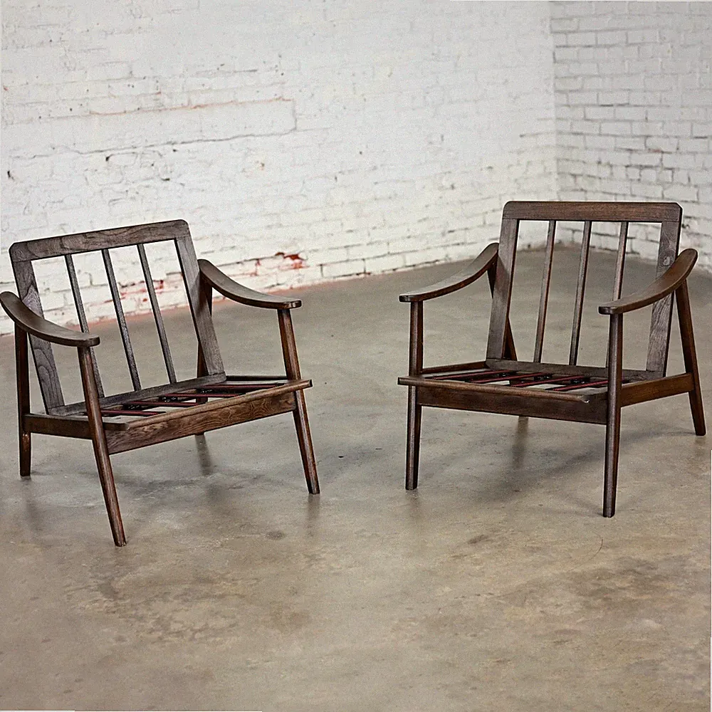 MCM Danish or Scandinavian Modern Style Walnut Toned Wood Armchair Frames a Pair