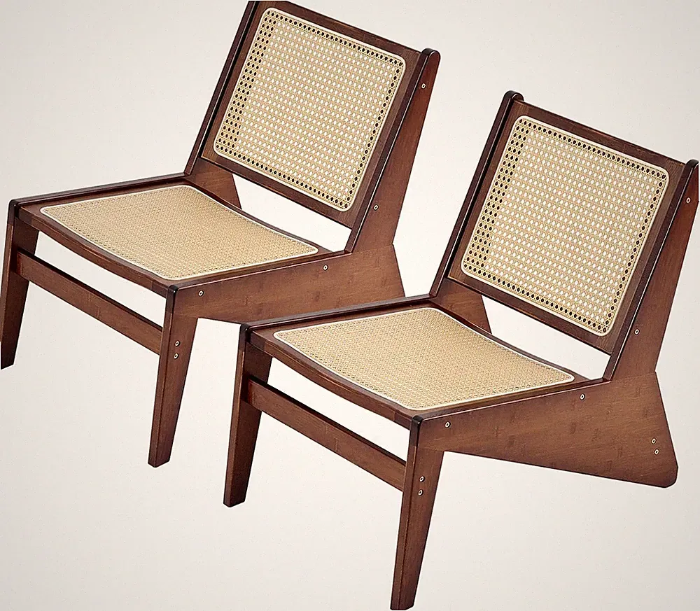 Mid Century Rattan Accent Chair Set - Bamboo Lounge Chairs for Home Decor