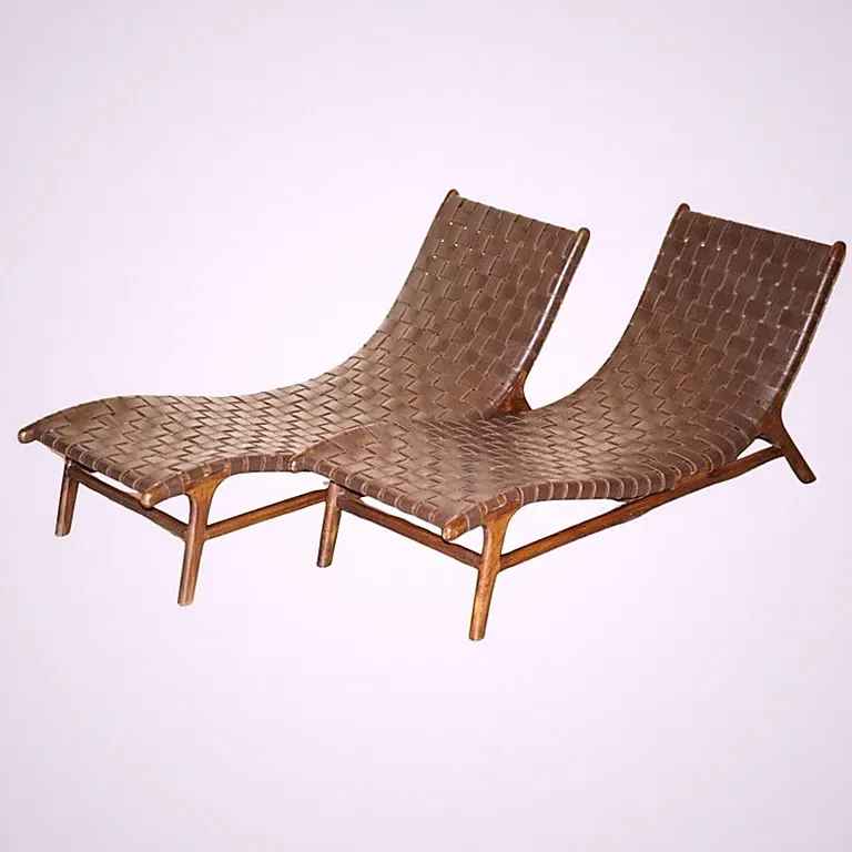 PAIR OF JOSE ZANINE CALDAS STYLE DANISH WALNUT WOVEN LEATHER CHAISE LOUNGE CHAIR