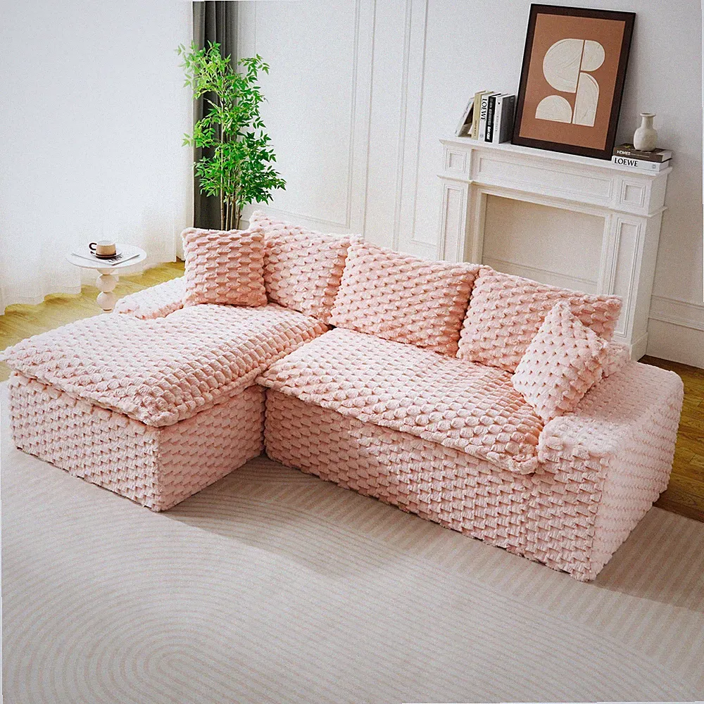 Pink Turtle Velvet Versatile Sofa: Convertible Twin-Seat with Left Chaise Loung