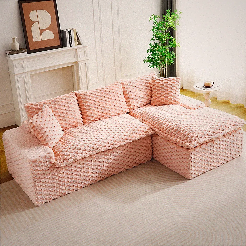 Pink Turtle Velvet Versatile Sofa: Convertible Twin-Seat with Right Chaise Loun
