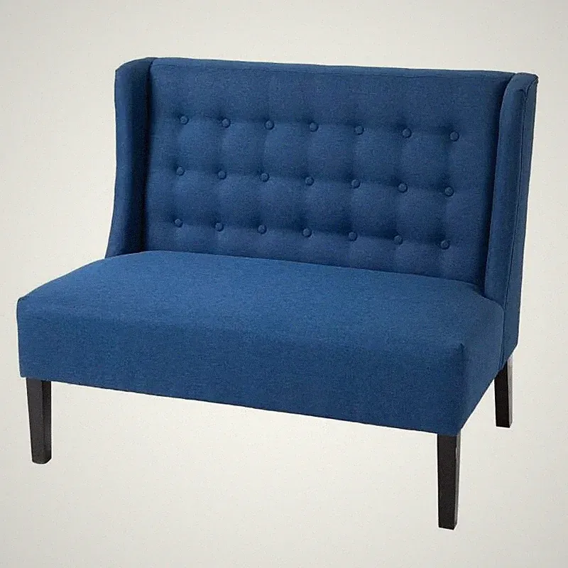 Scandinavian 2 Seater Button Tufted Loveseat Wooden Legs Blue Linen