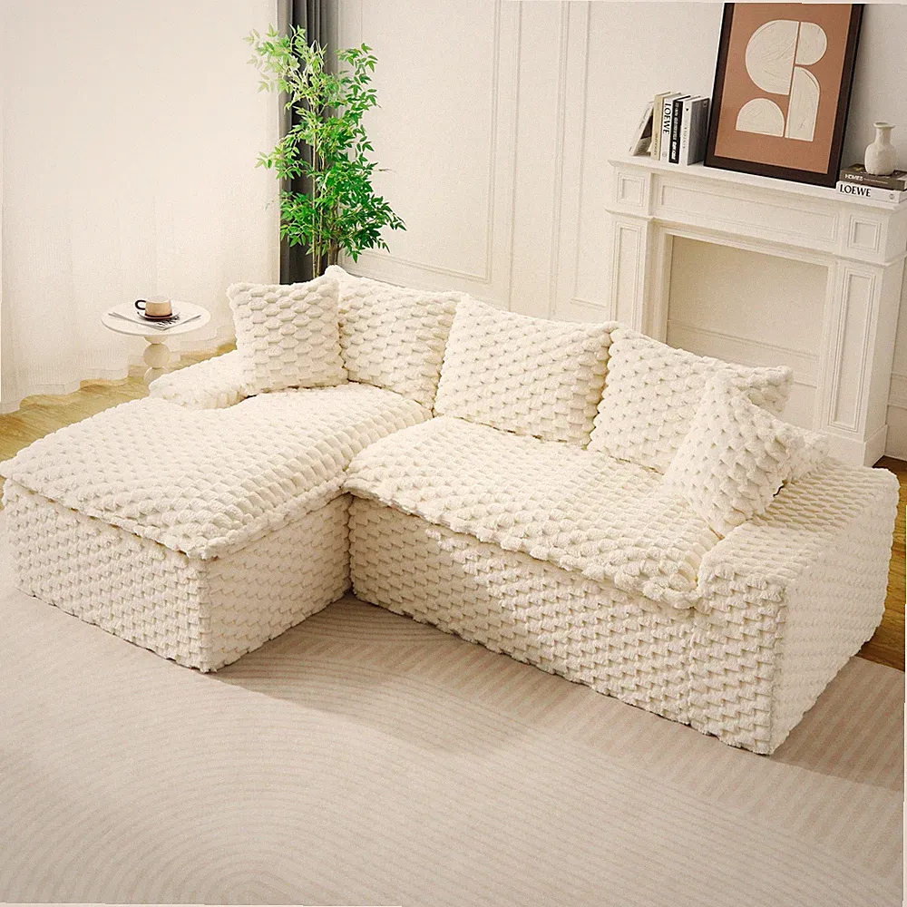 White Turtle Velvet Versatile Sofa: Convertible Twin-Seat with Left Chaise Loun