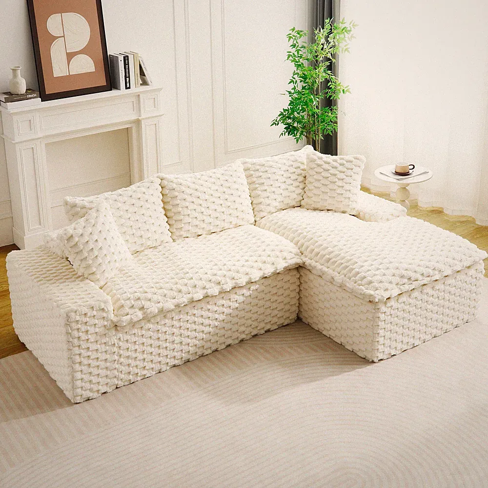 White Turtle Velvet Versatile Sofa: Convertible Twin-Seat with Right Chaise Lou